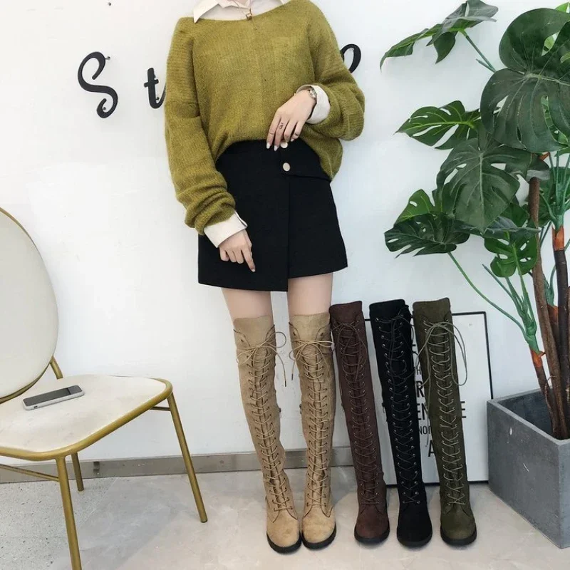 Botas por encima de la rodilla atadas cruzadas para Mujer, zapatos de tacón bajo, Botas largas hasta el muslo de gamuza Sexy, nuevo, Otoño e Invierno