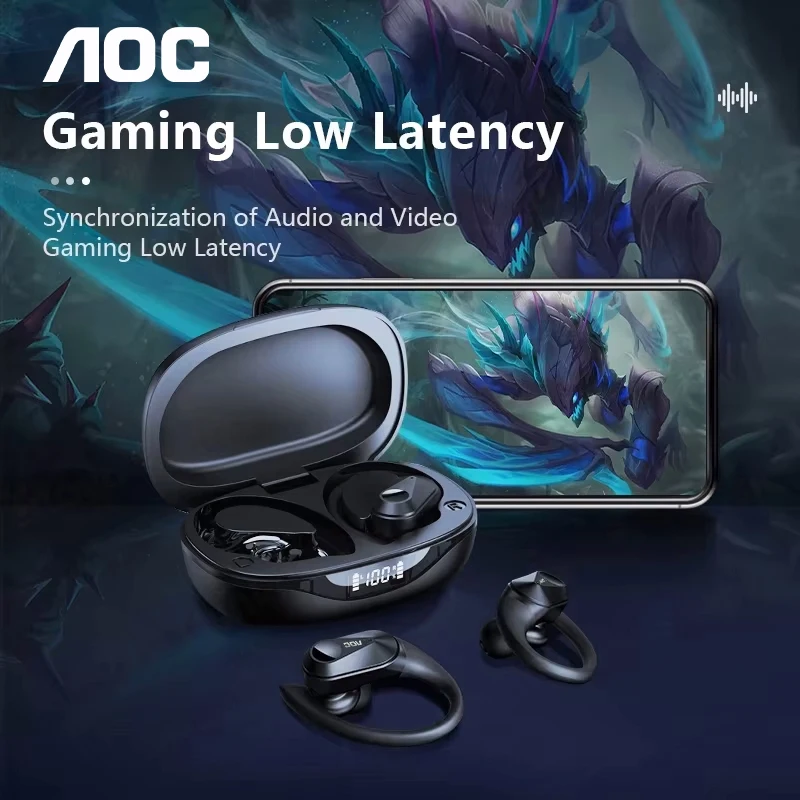 Choice AOC Sports Headset Wireless Bluetooth 6.0 Earphones Waterproof LED Battery Display Gaming Low Latency Headphones LP75