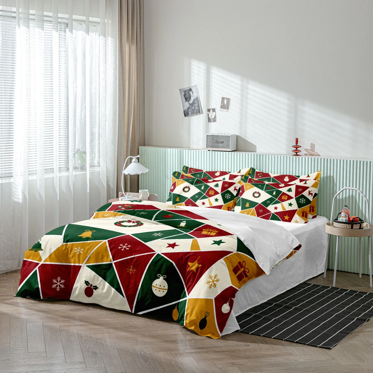 3Pcs Christmas Geometric Triangle Patchwork Duvet Cover Set, Irregular Triangle Blocks Tree Wreath Snowflake Pattern Bedding
