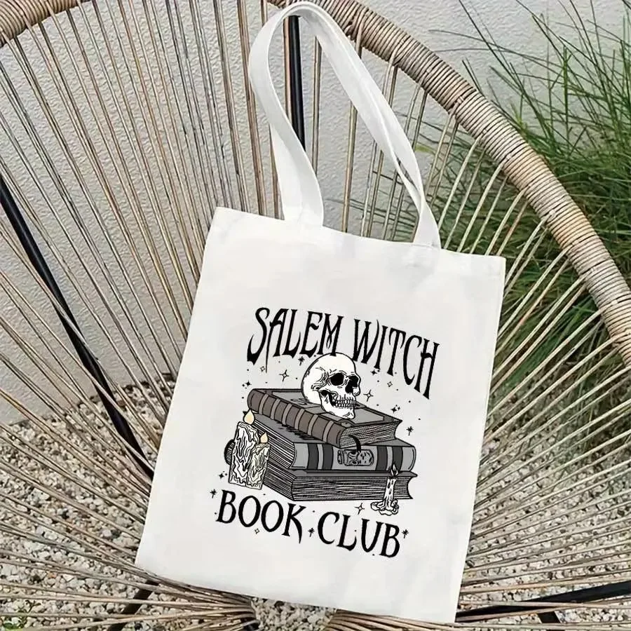 Personalized Salem Witch Book Club Canvas Tote Bags Custom Names Halloween Spooky Grocery Shopping Bags Reusable for Women Gifts