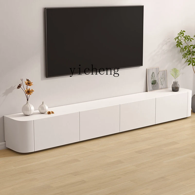 ZK Floor Cream Style TV Cabinet and Tea Table Combination Modern Simple Solid Wood White TV Stand