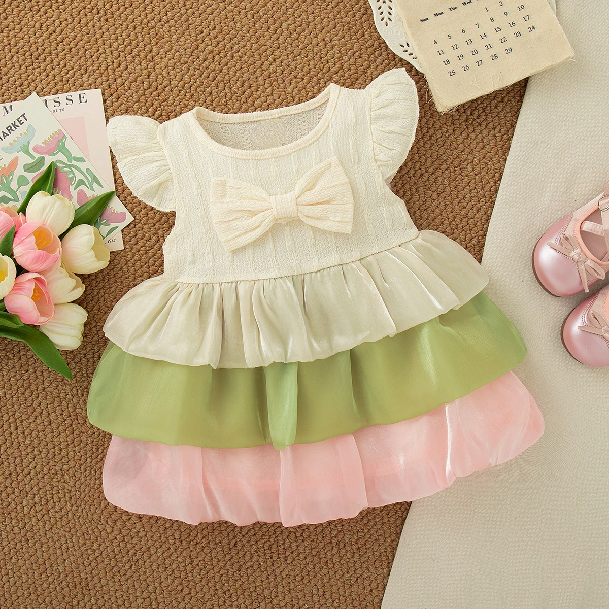 

Summer New Sweet Bow Baby Girl Dress, Cute Multi-Layer Skirt Children'S Clothing Suitable For Babies Aged 9 Months To 3 Years