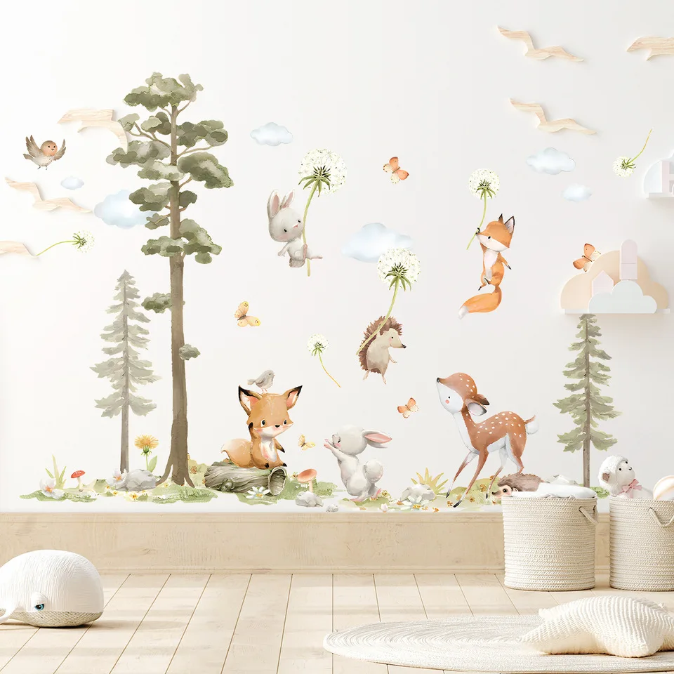 New Creative Countryside Style Tree Forest Animal and Plant Removable Stickers Bathroom Room Bedroom Wall Ceramic Tile Beautific