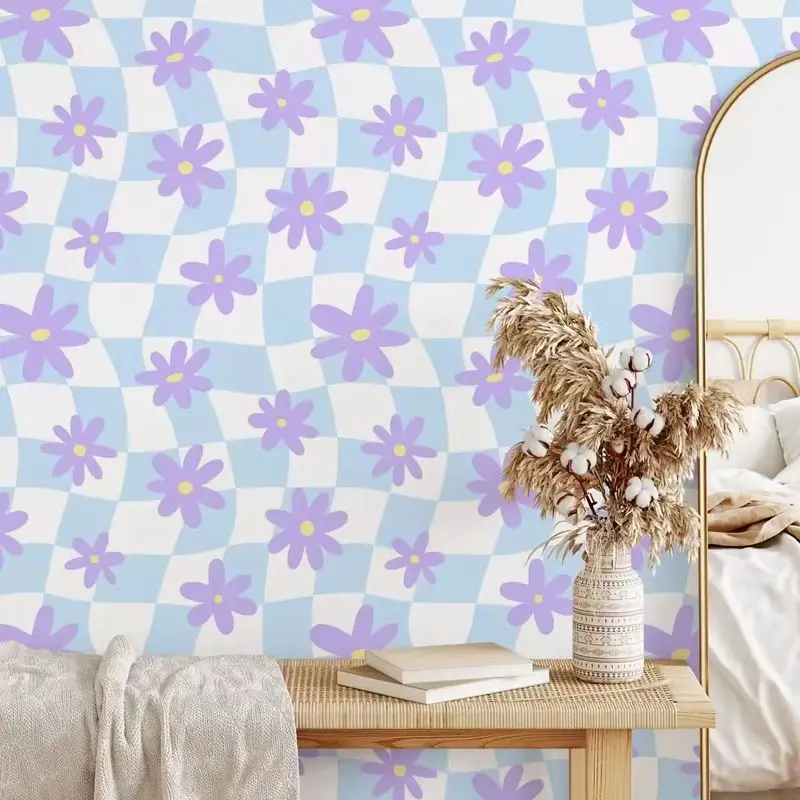 Retro Checkerboard Wallpaper Peel and Stick,Purple Daisy & Blue Gingham Wall Mural,Coquette Room Decor,Self Adhesive /Tradition