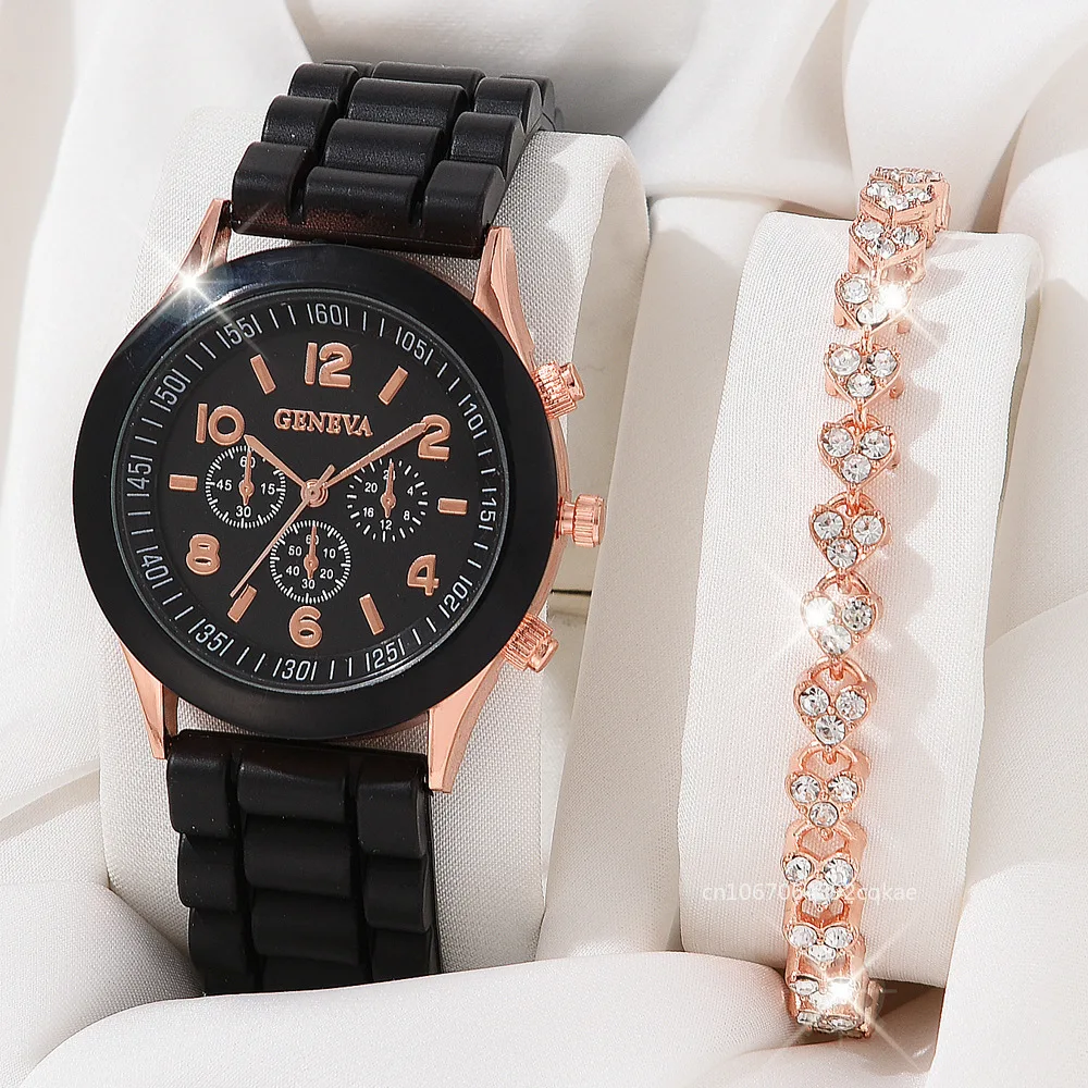 2PCS Set Casual Ladies Watches Bracelet Set Luxury Watch Women Rhinestone Fashion Quartz Female Wristwatch Clock No Box