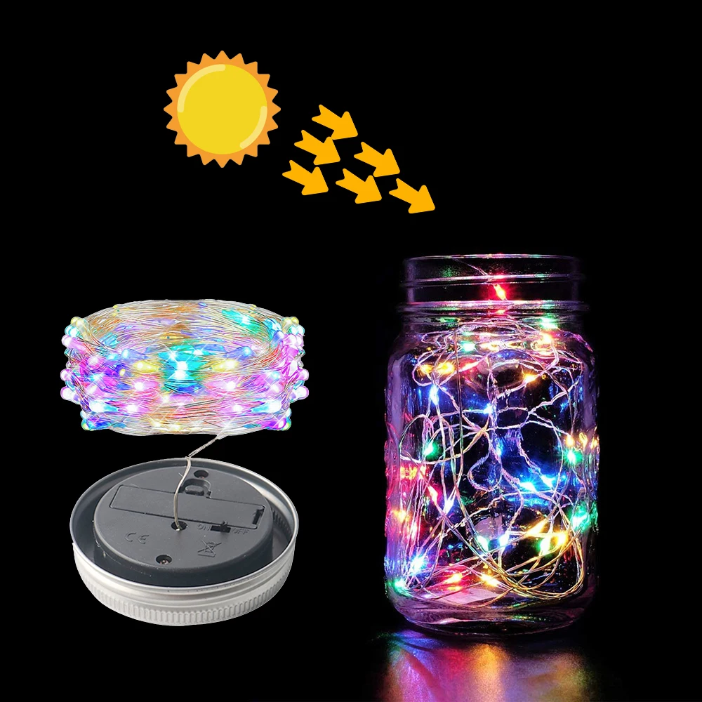 

Solar Power Mason Jar Lid Lights IP65 Waterproof Fairy Lights Garlands DIY Copper Wire String Lights Christmas Wedding Decor