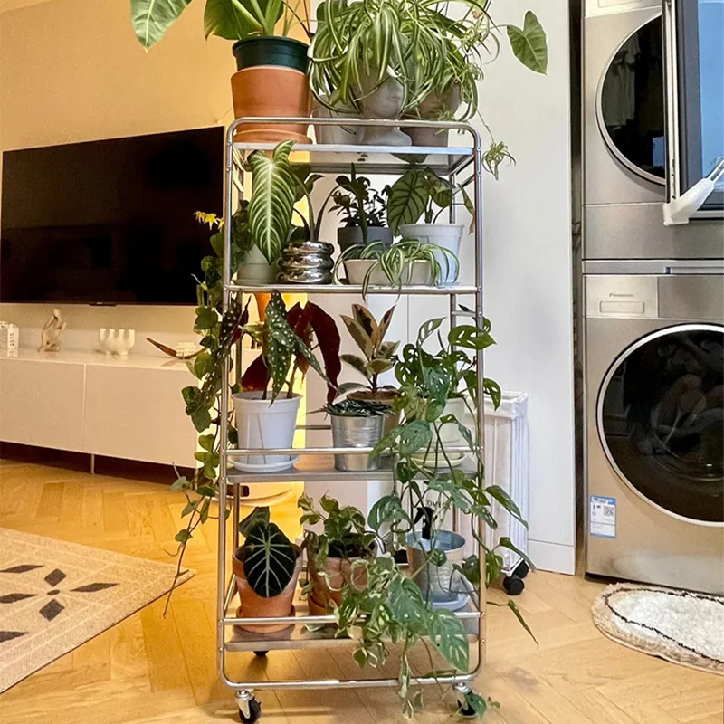 Stainless Steel Storage Cart Multi-Tier Mobile Organizer for Living Room Industrial Style Plant Rack Space-Saving Storage Shelf