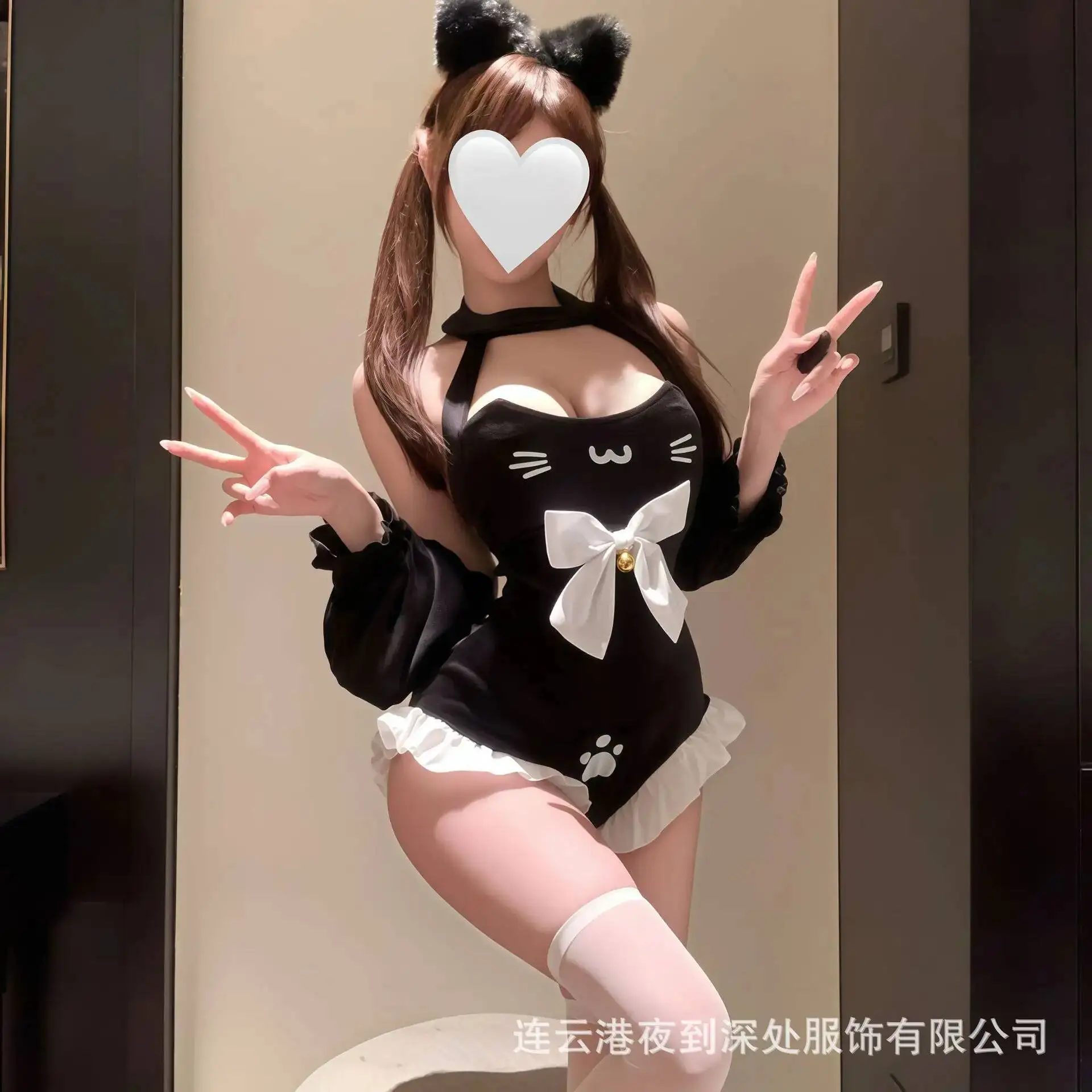 Sexy And Alluring Style Cute Cat Maid Uniform Halter Neck Bodysuit Small Bowknot Pure Desire Hanging Neck Bell Bodysuit ADMC