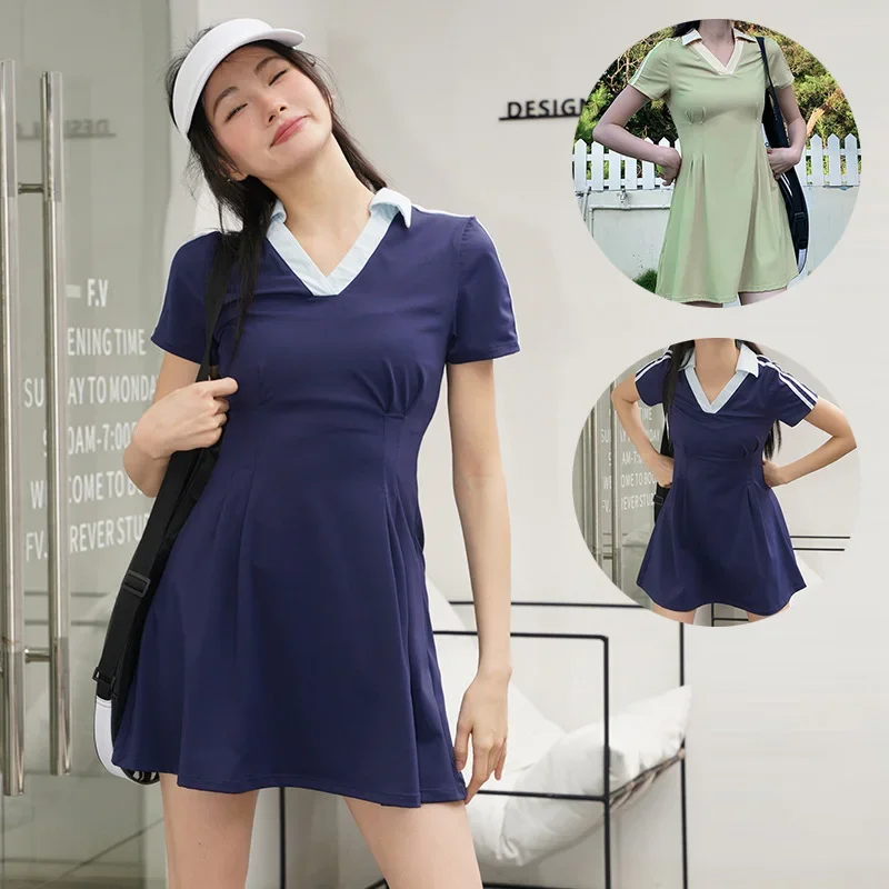 

Women Elastic V-neck Tennis Dress Ladies Retro Slim Yoga Dress with Inner Short Girls Short Sleeve Badminton Skirt Fitness Wear