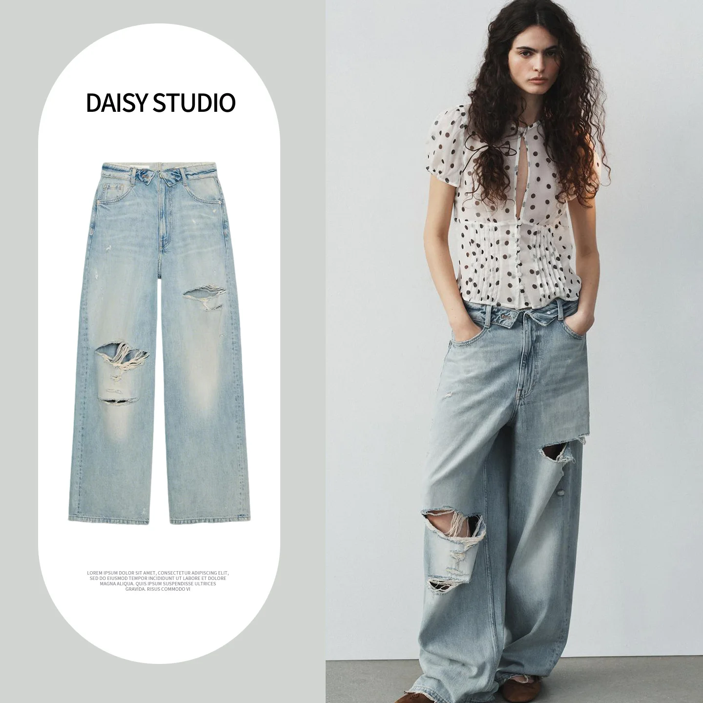 Spring New Women's Jeans Metal Button Decor Long Casual Hole Flip  Denim Pants Standard Fit Natural Waist Polyester Fiber