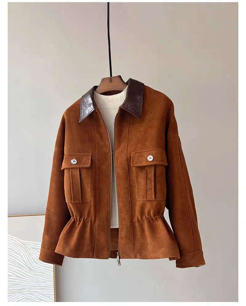 여성을위한 레트로 정품 키드 스웨이드 가죽 자켓 칼라 포켓 탄성 drawstring 셔츠와 100% 양피 슬림 피트 코트
