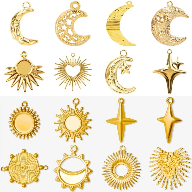 6pcs/Lot DIY Sun Moon Star Pendant Charm PVD Stainless Steel Charms For Jewelry Making Bulk Crescent Materials To Make Bracelets