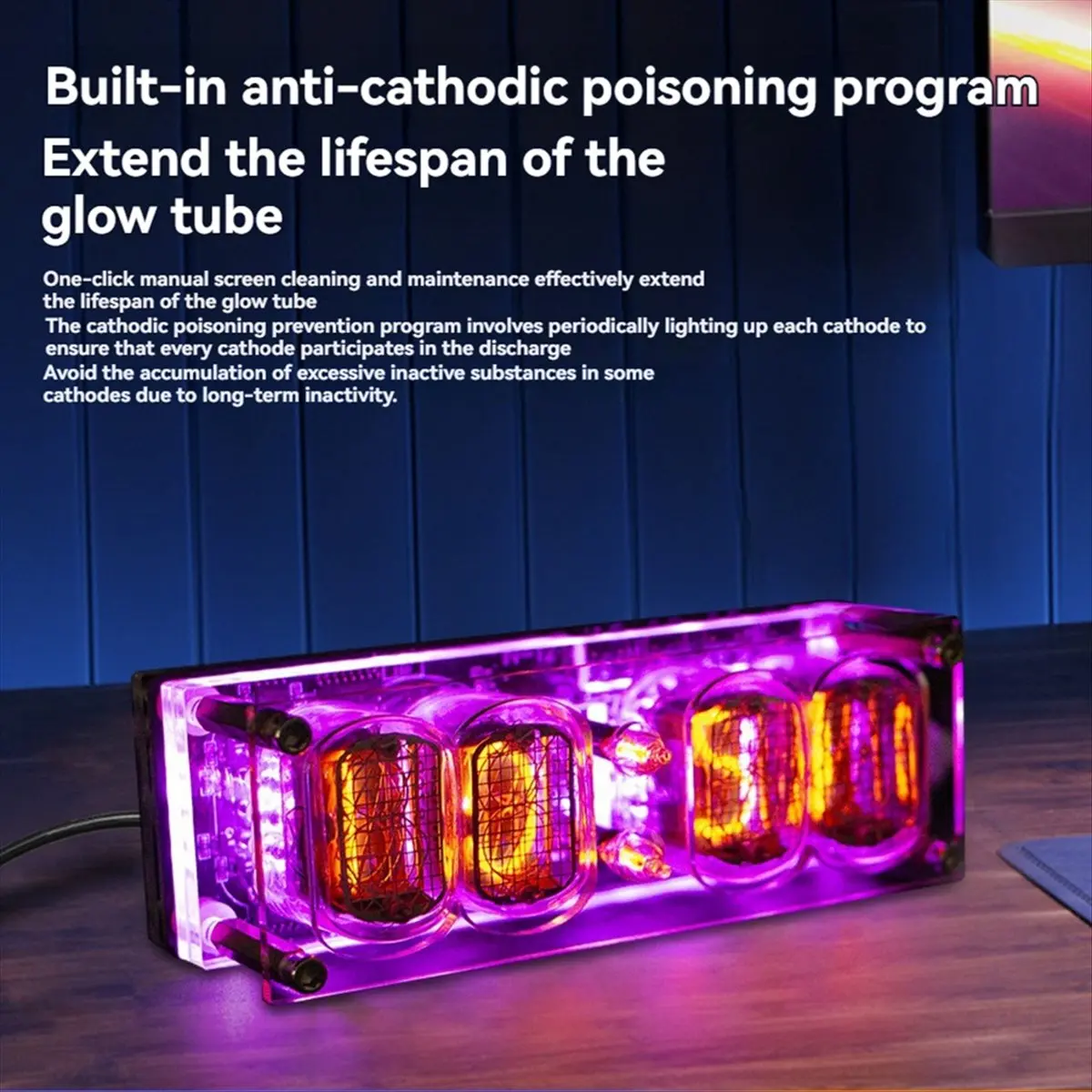 Punctual- In-12 Glow Tube Clock 4-Digit Retro Nixie Tube Clock with RGB Colorful Light DC5V USB for Desktop and Room Decoration