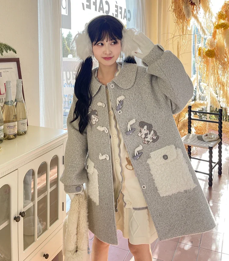 Original Doll Collar Faux Fur Jacket Women Winter Warm Thickened Mid-length Woolen Coat Student Sweet Cute Kawaii Furry Jackets