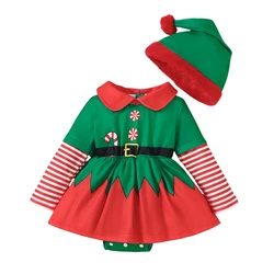 Baby Girls Elf Costume Outfit Infant Long Sleeve Doll Collar Romper Dress with Hat 2 Pcs Christmas Set