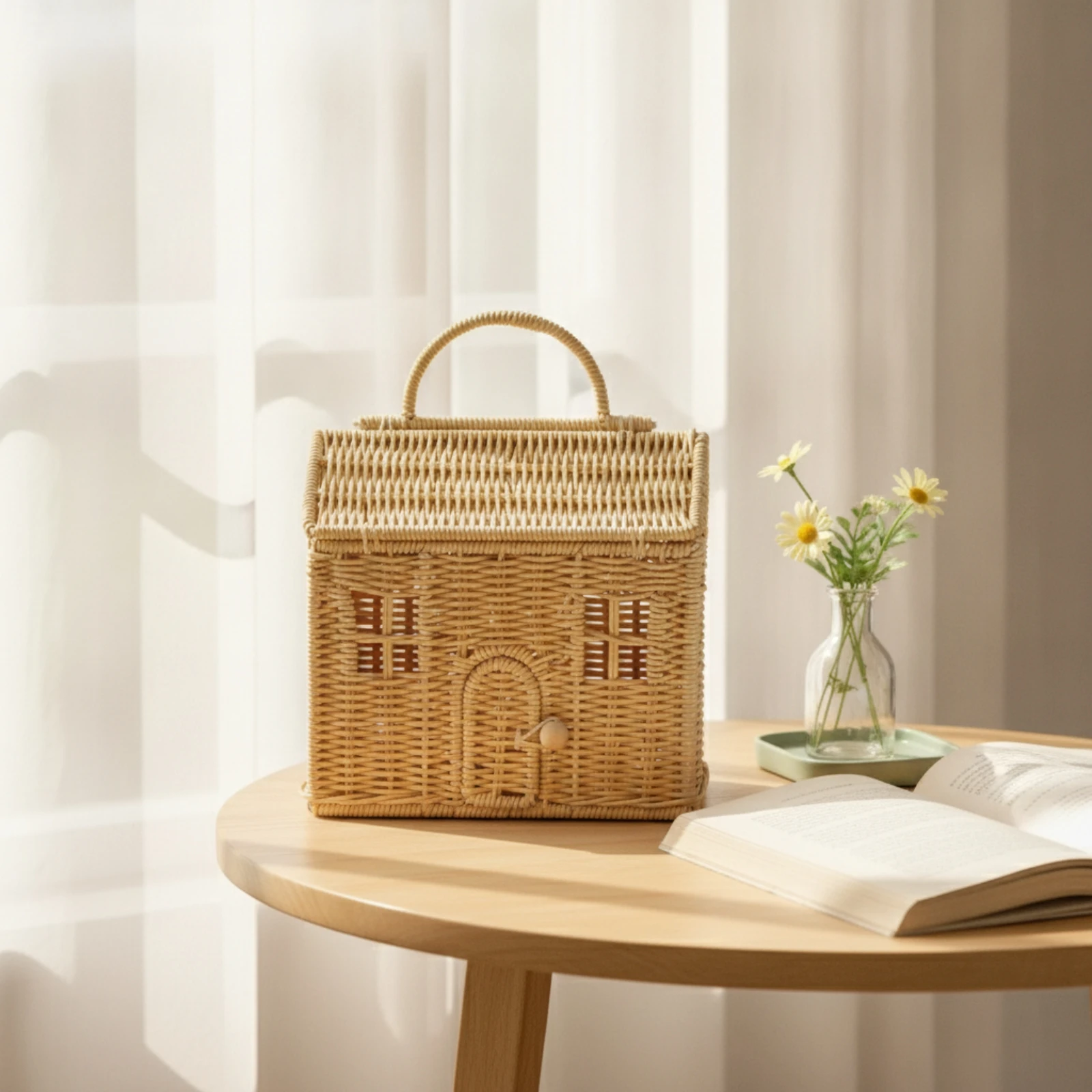 House-Shaped Basket Handwoven Wicker Storage Basket Handmade Small for Gift Presentation, Shelf