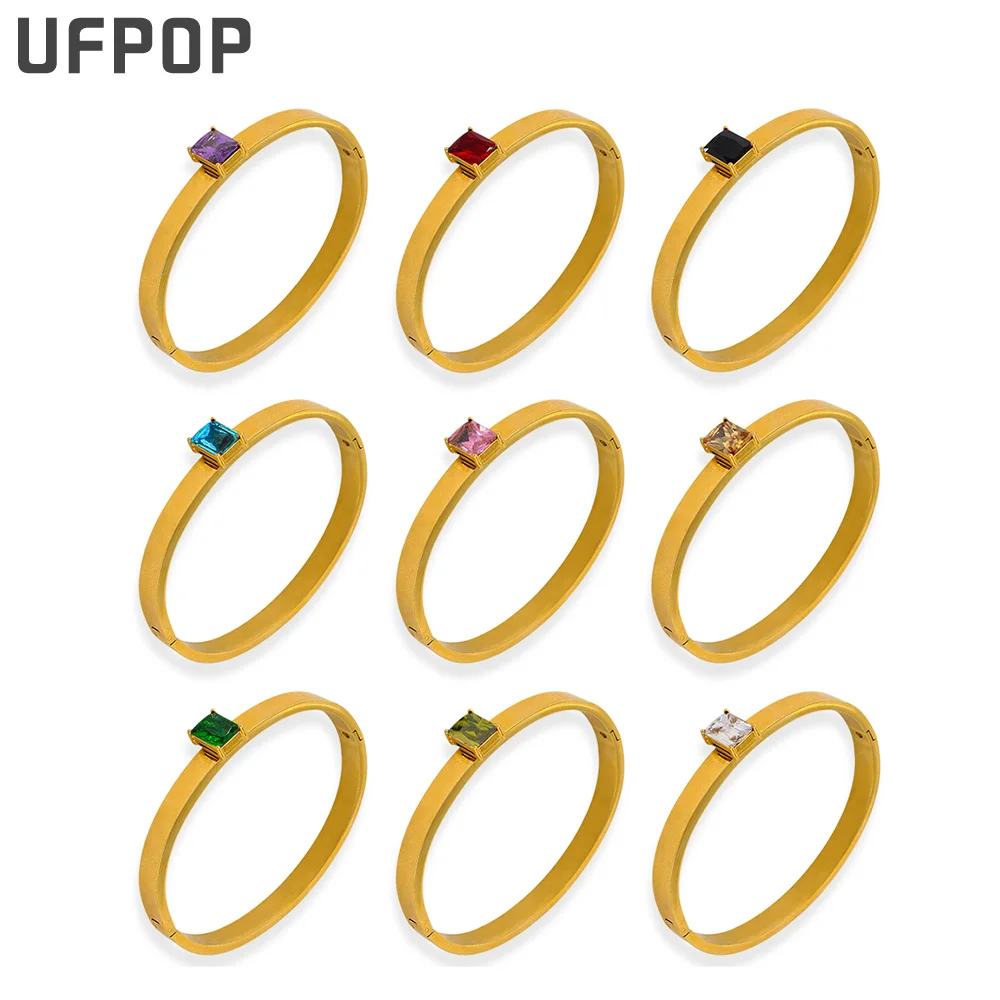Pulseiras de aço inoxidável banhado a ouro com zircão colorido 3a para mulheres, pulseiras finas polidas, joias resistentes à água, novo design