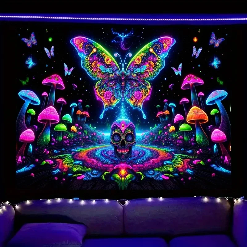 VIKAMA Psychedelic UV Glow Wall Hanging Colorful Butterfly Sugar Skull Magic Mushroom Starry Sky Festival Dorm Room Tapestry Dec