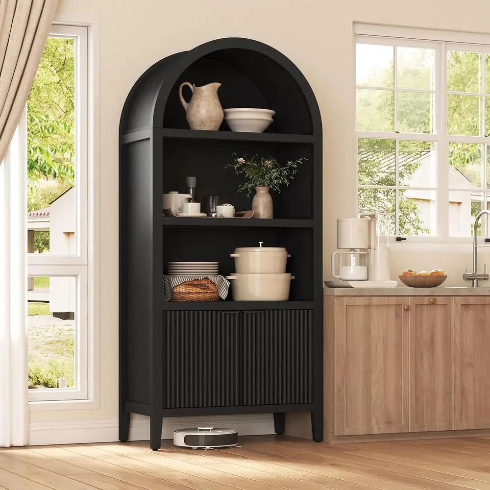 Yusong 71" Tall Arched Bookcase, 5-Tier Arched Bookshel, Black Bookshel, Arch Cabinet Display Cabinet with luted Doand Shelves, view 4