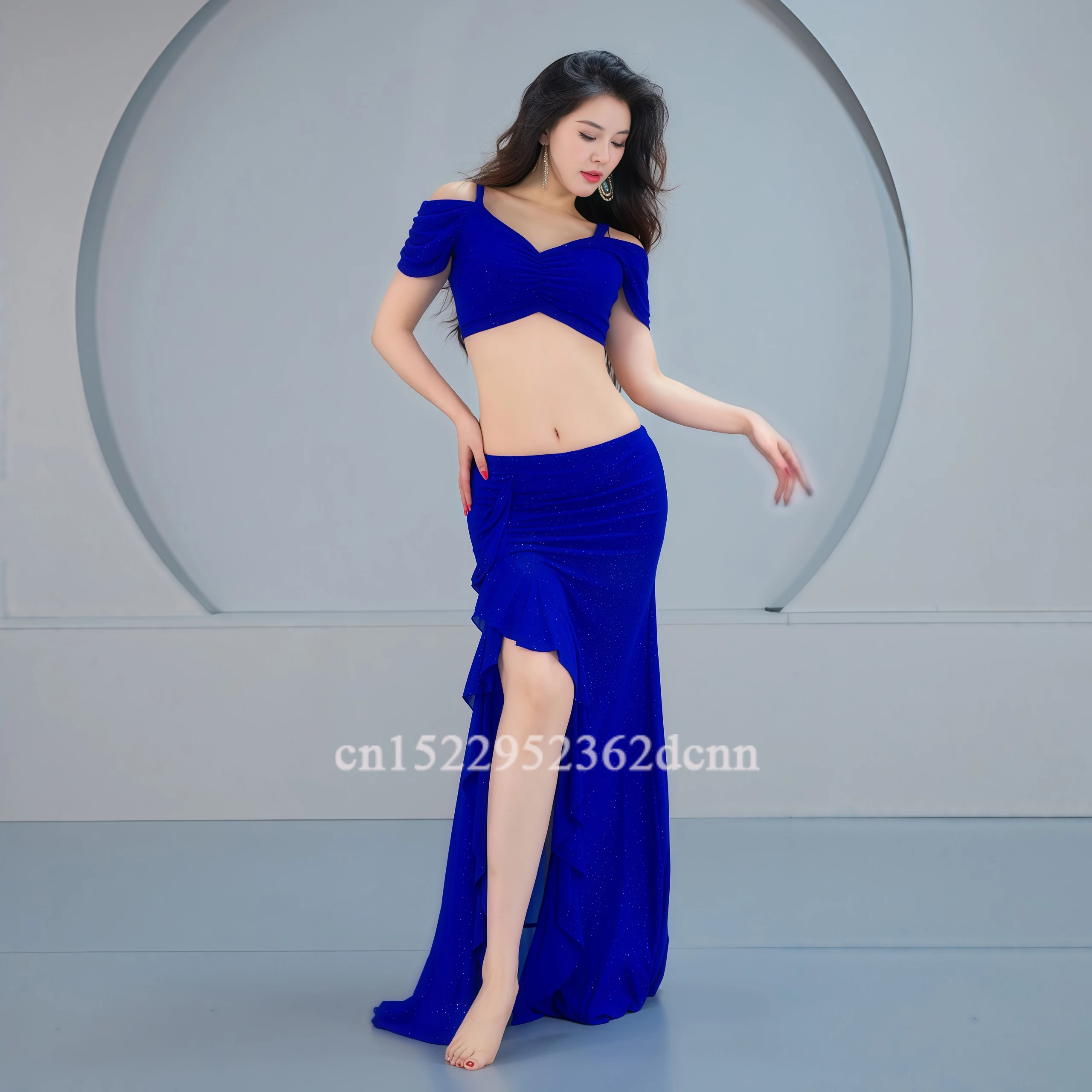 Blue Belly Dance Elegant Practice Clothes for Women Mesh Set for Adult Oriental Dancing Performance Dancer Training Clothing