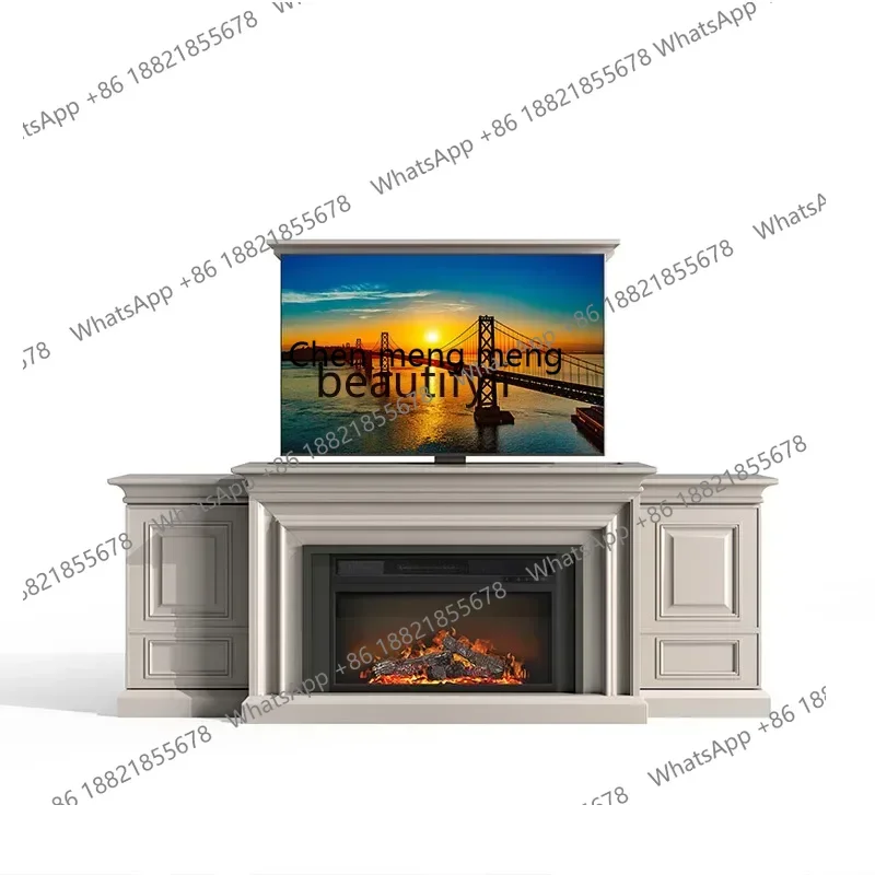 D178  Cream wind fireplace TV cabinet Electronic simulation fire decorative   Hidden intelligent electric lifting integrated cab