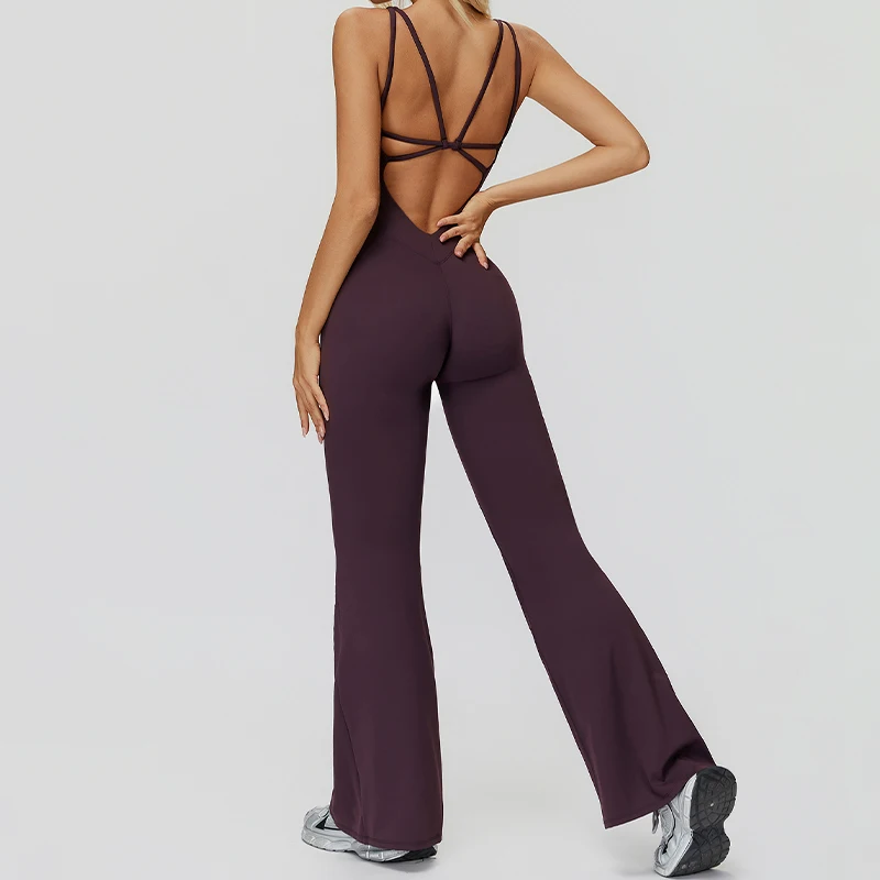 Sanding Yoga Wear Cross-back Micro-back Wide-leg Jumpsuit Running Sports Fitness Clothing for Women