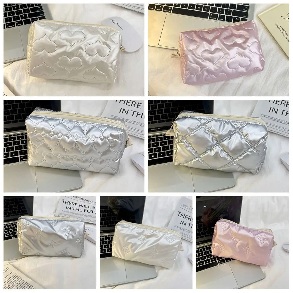 Love Rhombus Shape Silver Cosmetic Bag Bow Korean Style Stuffed Cotton Storage Bag PU Storage Cloth Bag Small Item Bag Travel