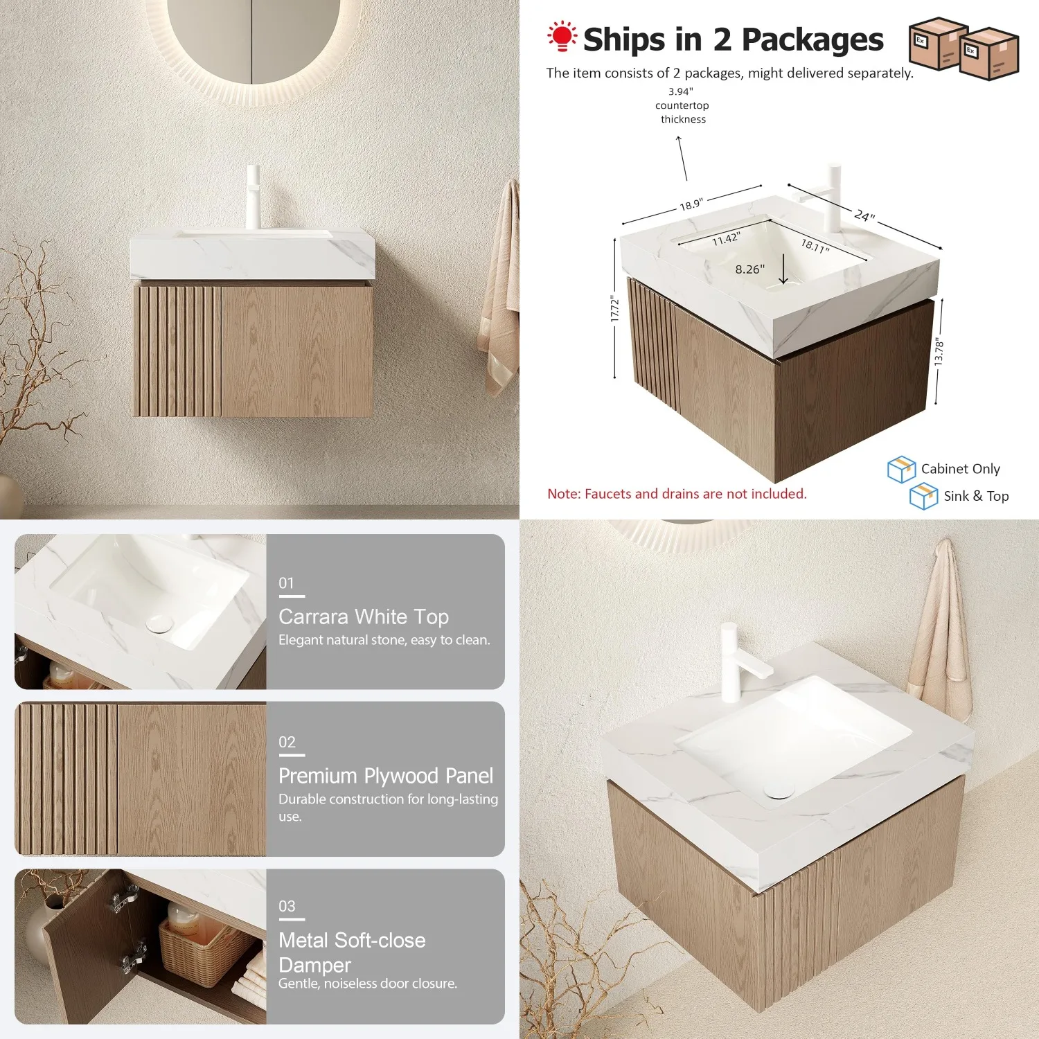 

24" Floating Bathroom Vanity Sink Plywood Storage 2 Doors Stone Top Ceramic Basin Light Brown Customized