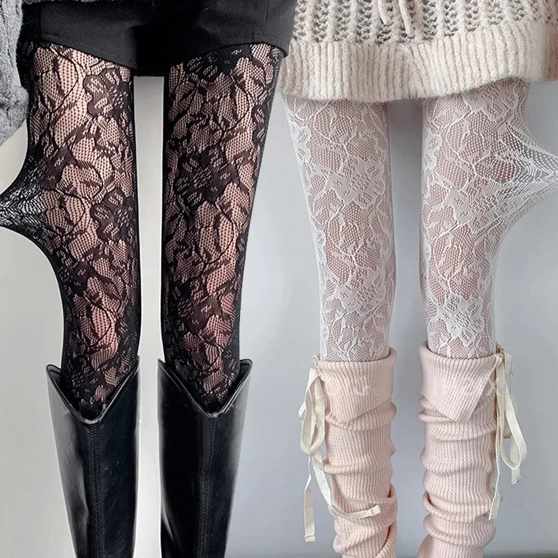 Women's Sexy Flower Embroidery Mesh Hollow Out Silk Stockings JK Fish Net Tights Cool Girls Colored Hipster Harajuku Pantyhose