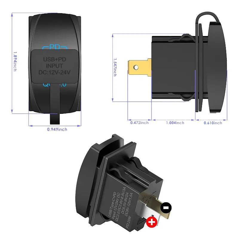 تشغيل/إيقاف شاحن سيارة مع مراقبة الجهد، تقنية QC3.0 للشحن السريع لاستخدام RV، مقبس شحن مقاوم للماء 12 فولت/24 فولت #4