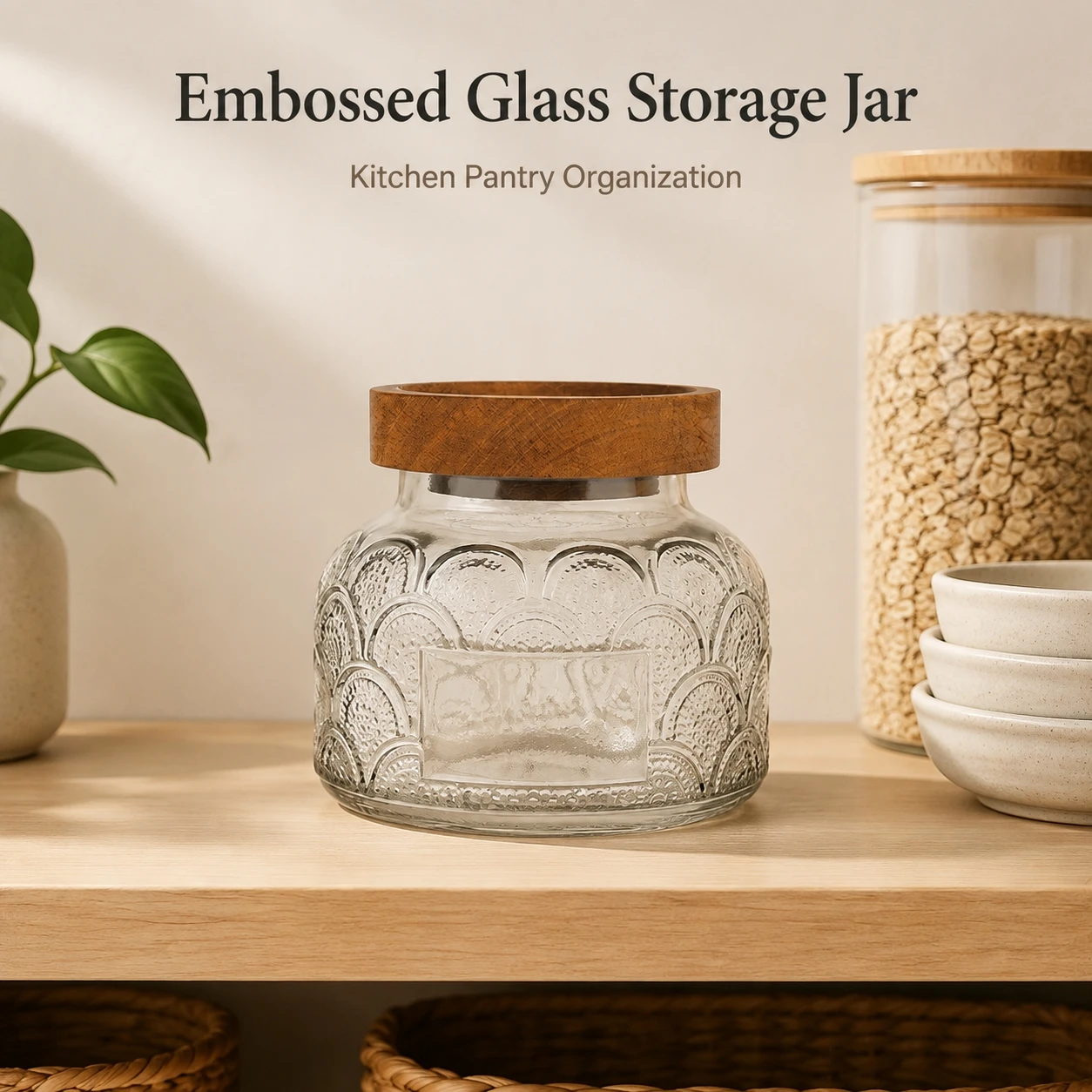 Airtight Glass Jar Embossed for Kitchen Storage Retro Borosilicate Canister with Wooden Lid for Coffee Tea Nuts Grains