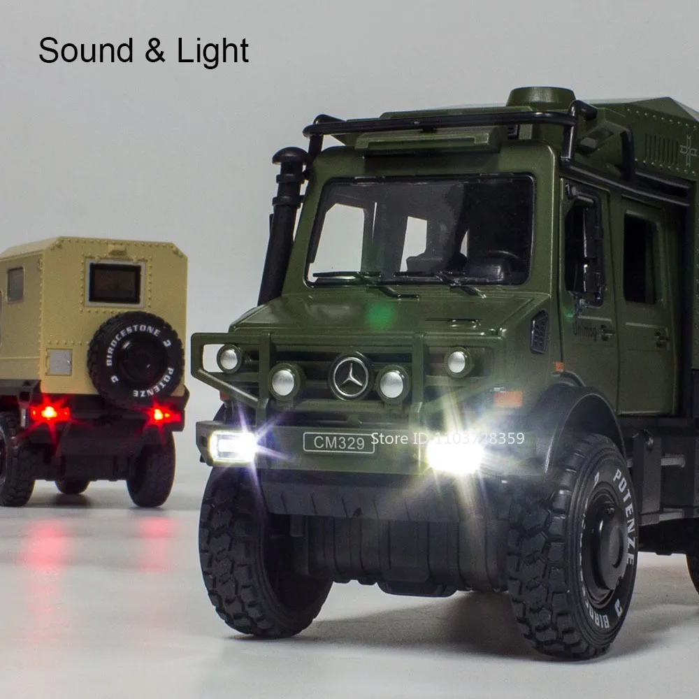 1:28 UNIMOG RV U5000 モデル玩具 ミニカー 合金ダイキャスト オフロード車 サウンドライト ドア開閉 プルバック式 飾り 男の子向けギフト