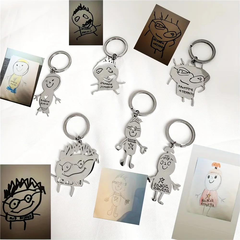 Customized Children Drawing Keychain Kids DIY Artwork Stainless Steel Photo Logo Custom Pendant Keychain Kids Jewelry Gifts