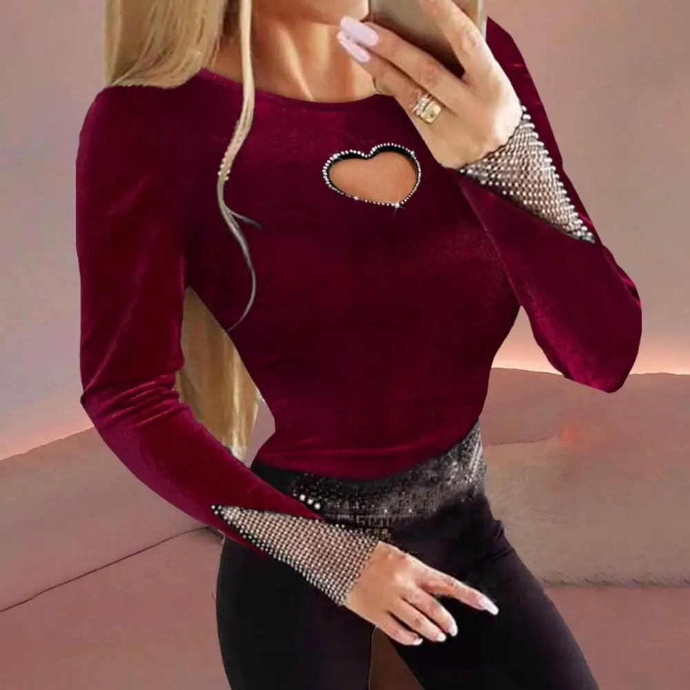 Top de retales de terciopelo con corazón hueco de malla de diamantes de imitación para mujer, camiseta ajustada, blusas Sexy, suéter de cuello redondo, primavera y otoño