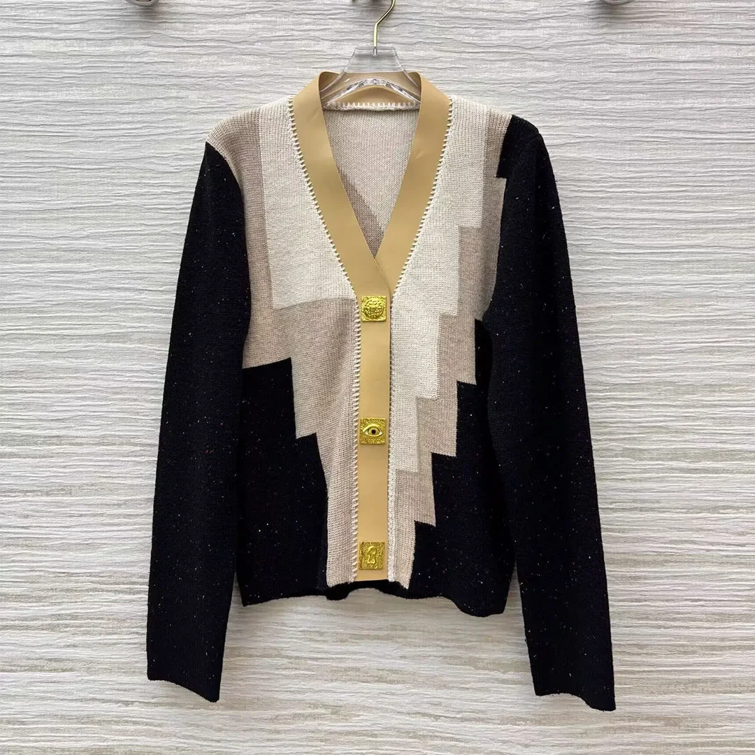 

New Autumn Geometric Pattern Knitted Cardigans Women V-neck Gold Buttons Patchwork Leather Long Sleeve Casual Vintage Cardigans