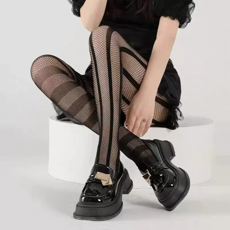 Sexy Asymmetric Stripe Pantyhose Subculture Gothic Summer Hollow Out Fishnet Tights for Women Personalized Black Mesh Stockings