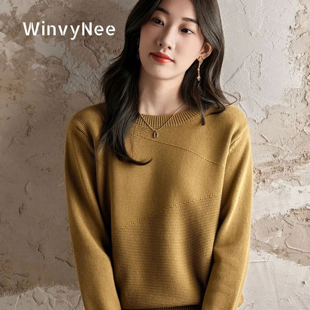 

WinvyNee 100% Cotton Soft Comfy Pullover Women's 7-Pin Diagonal Block Crew Neck Loose Fit Fashionable Everyday Knitwear A1092044