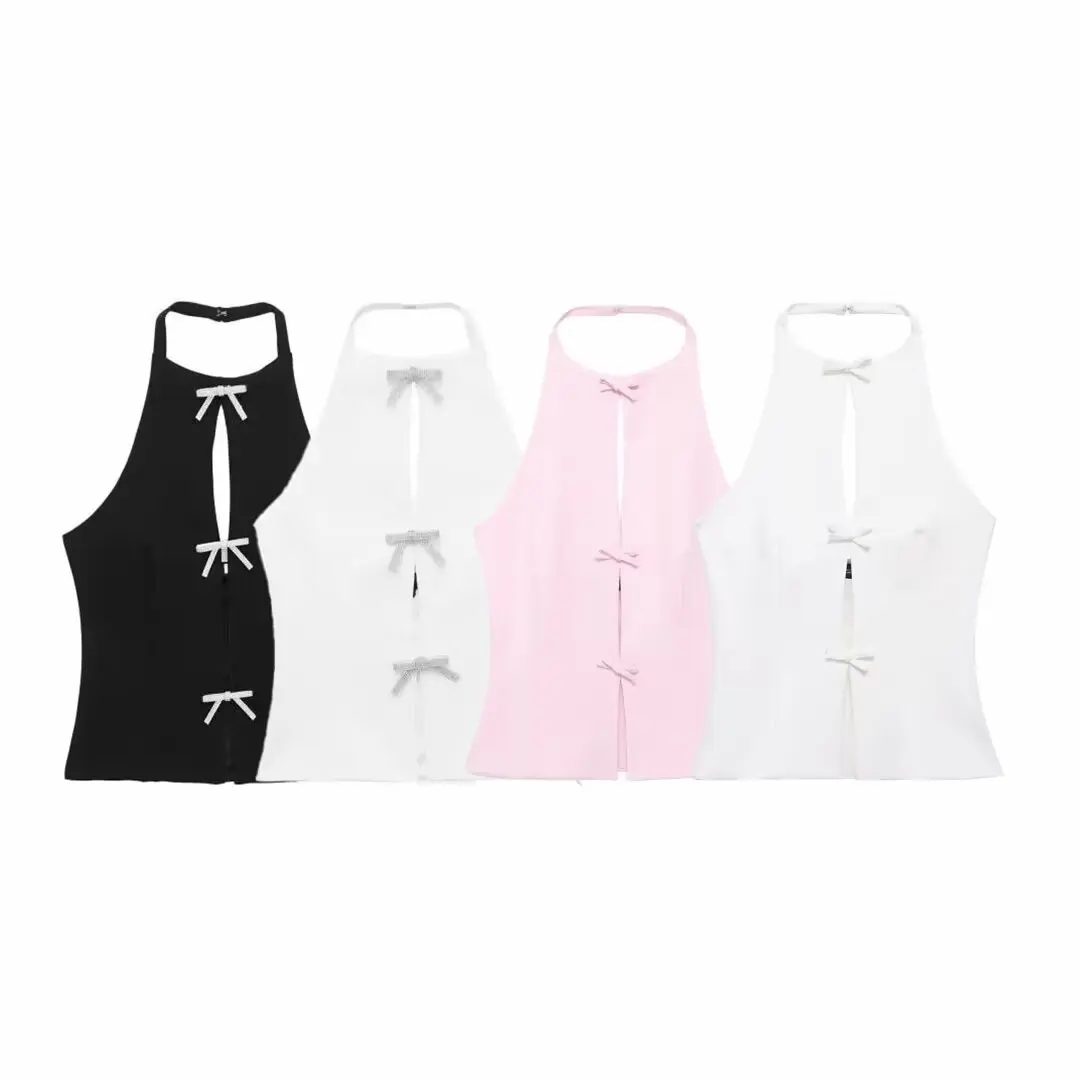 

French style new bow-knot halter neck backless slim vest for women summer pure slim all-match top