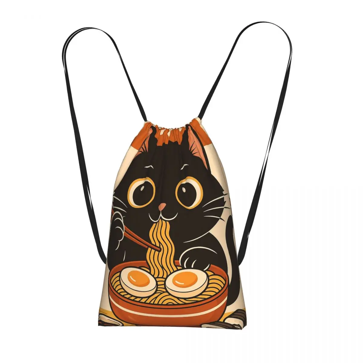 

Очаровательный кот, наслаждающийся чашкой рамена: портативные рюкзаки-мешки на завязках, спортивные сумки, сумки для книг для мужчин, женщин и студентов.
