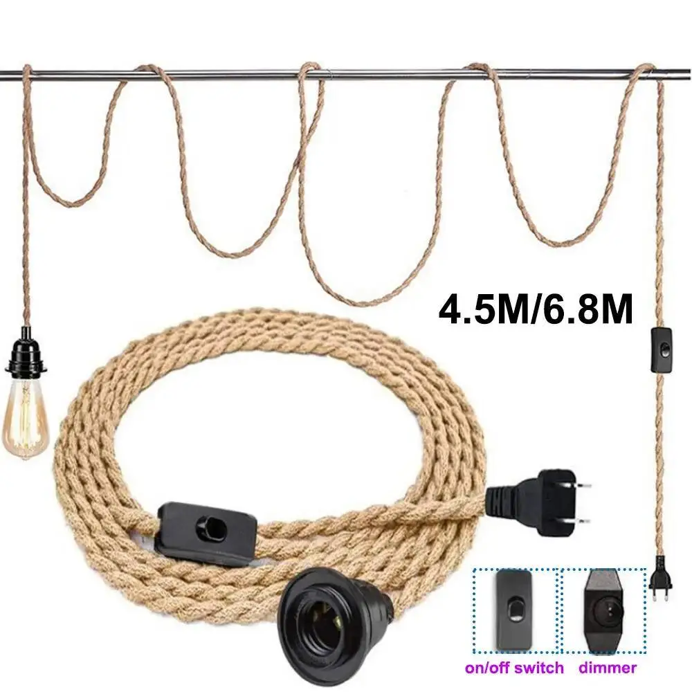Retro Industrial Plug In Pendant Light With Switch Vintage Hemp Rope Droplight E26 US Plug Lamp Holder Hanging Lamp Decor