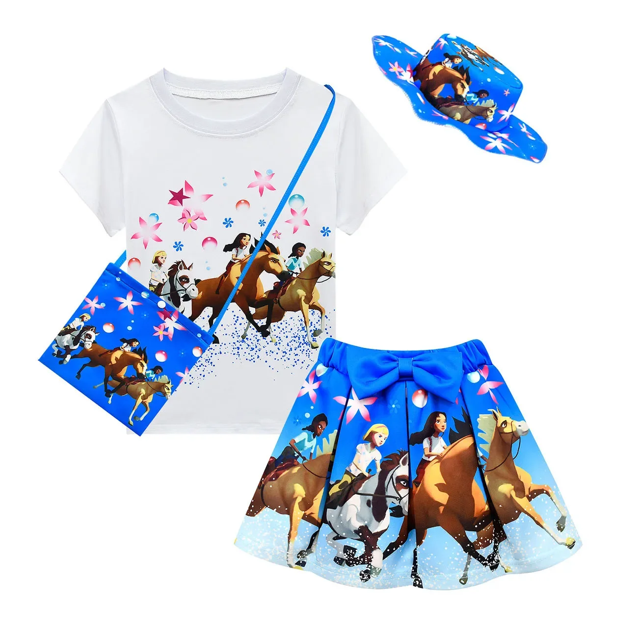 Summer Kids Girls Spirit Riding abiti gratuiti Anime Cosplay Costume T-shirt e gonne borsa cappello 4 pezzi abbigliamento per bambini per bambini