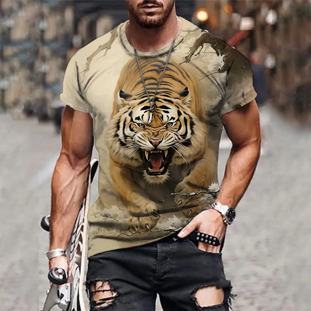 Mens 3D Tiger Print Short Sleeve Crew Neck T-Shirt Breathable Medium Stretch Casual Fashion Tee for OutdoorParty Weekend Wear image 3