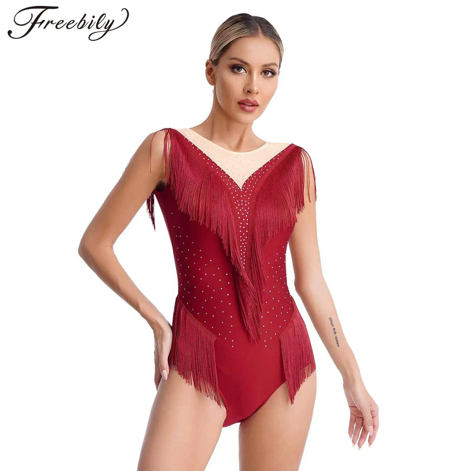 Body da ballo latino con frange di strass da donna Samba Chacha Performance Costume Sheer Mesh Patchwork nappa senza maniche body