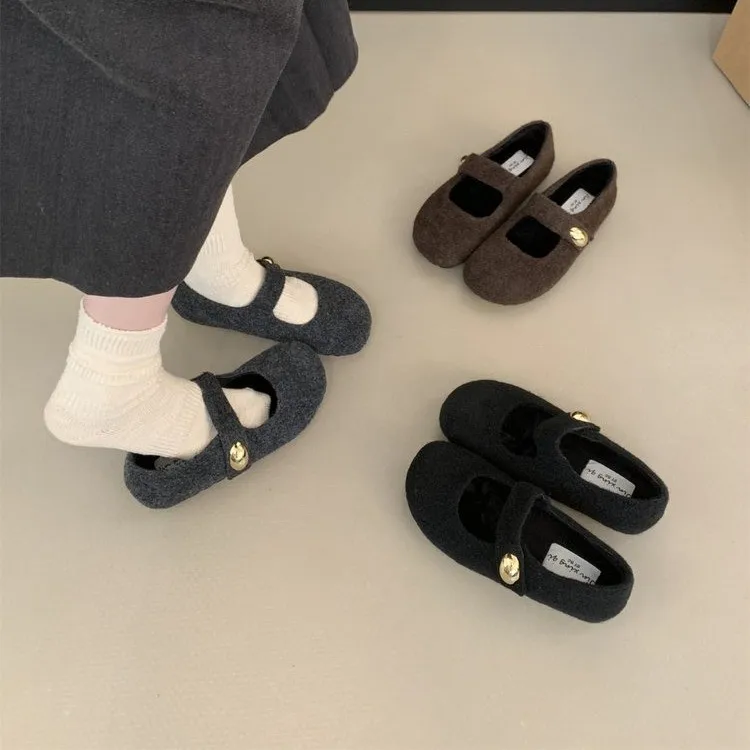 Gray Woolen Bean Mary Janes Women's Shoes Increased Height Casual Fluffy Slippers Korkiz Booties Comfortable Low Heel Cotton ...