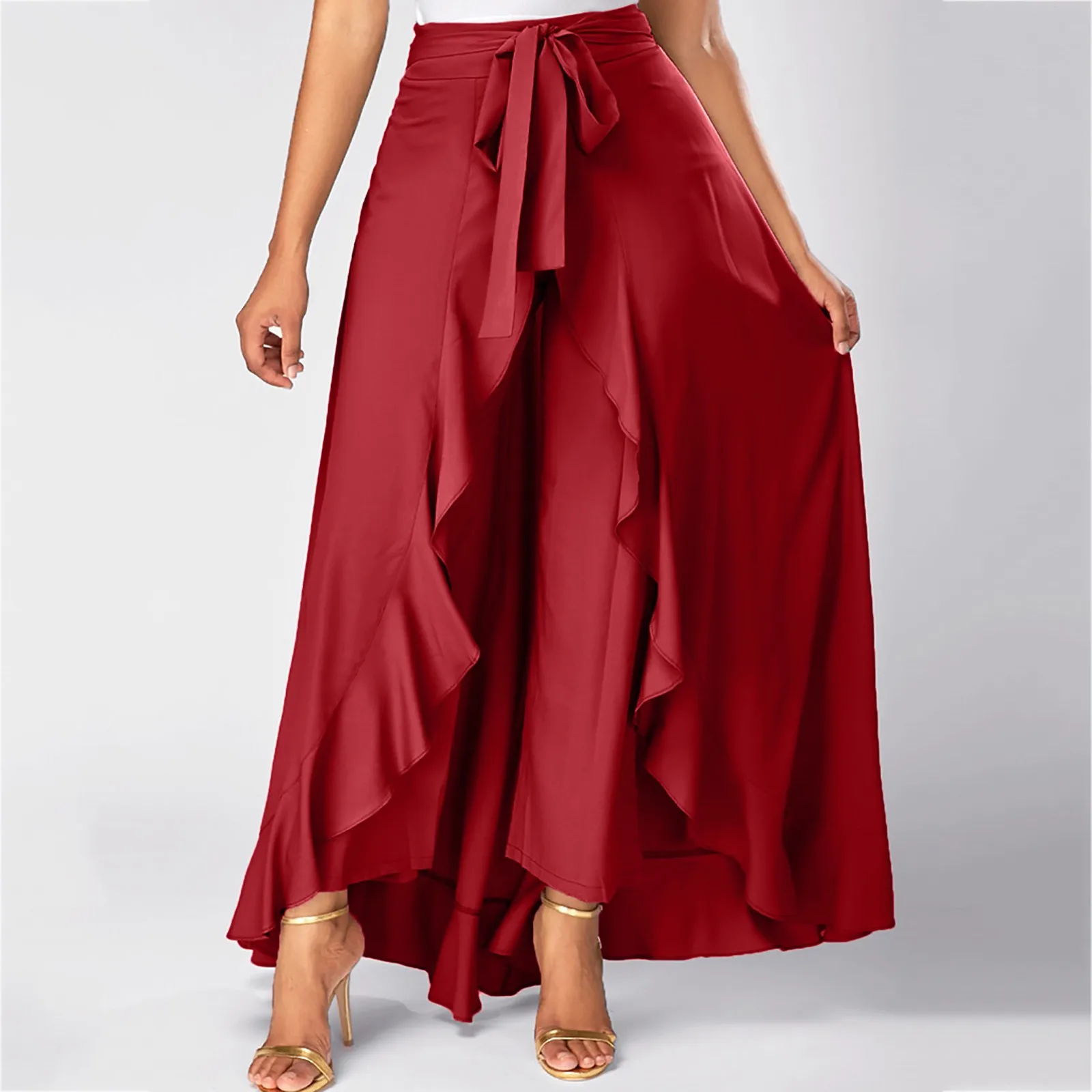 

Ladies Casual Double Layer Wide Leg Culottes Irregular Ruffle Long Pants 2024 Summer Casual Elastic High Waist A-Line Dresses