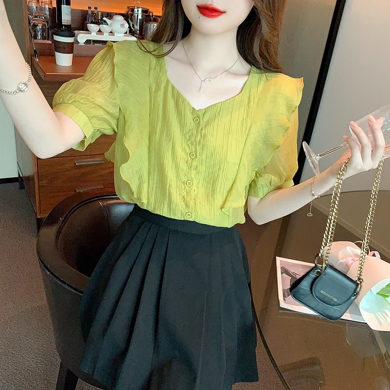 Casual Fashion Square Collar Ruffled Blusa Women's Summer New Blouse Chiffon Short Sleeve Shirt