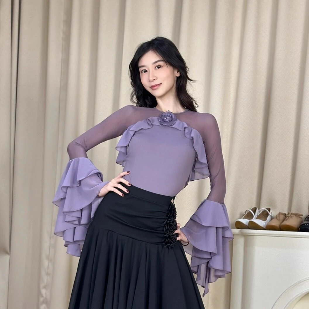 

2026 New Ballroom Dance Tops Women Mesh Back Ruffled Long Sleeves Leotards Adult Rumba Tango Dance Performance Clothes BL18305