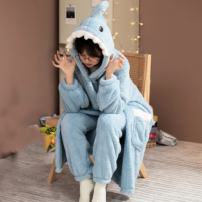 Cartoon Flannel Nightgowns Long Thick Coral Velvet Pajamas Set Women Winter Cute Warm Nightdress Shark Cosplay Sleepwear Suit