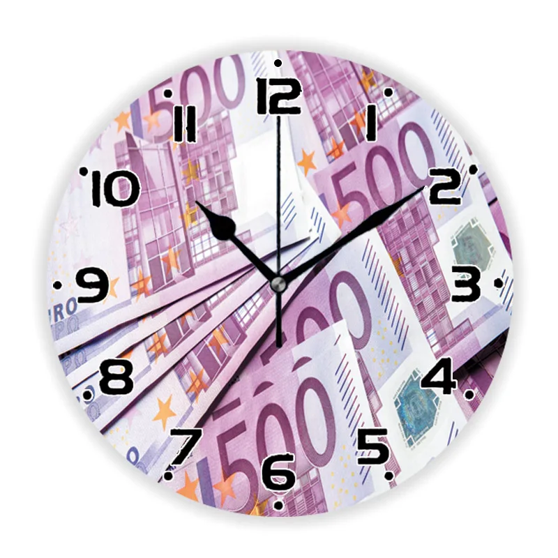 Funny Five Hundred Euro Banknotes Money Wall Clock for Home Decor Bill Notes Large Wall Watch Living Room Office Kitchen Gift