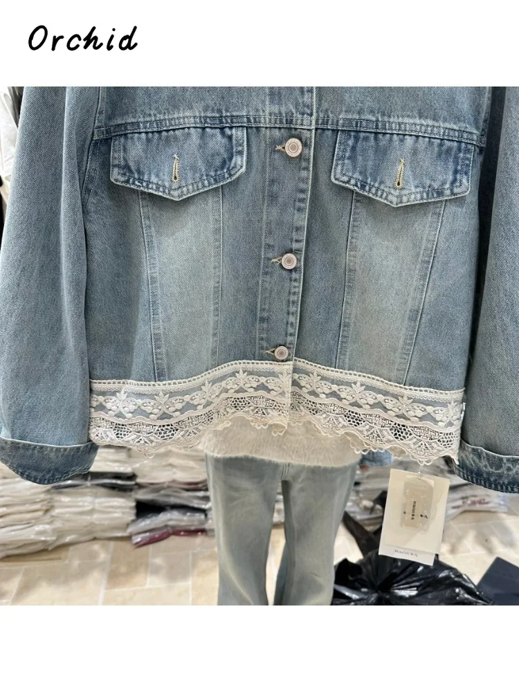 معطف Y2K شتوي كوري أنيق واحد الصدر أزرق Y2K معطف نسائي غير رسمي بياقة مقلوبة من الدانتيل مُزين بقطع القماش سترة دينم كلاسيكية